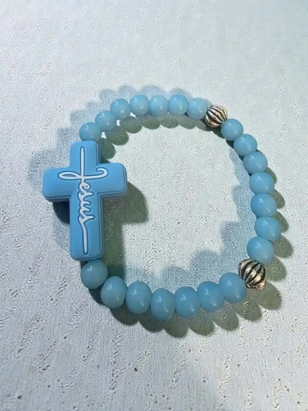 Handmade Light Blue Beaded Cross Bracelet Silver Accents